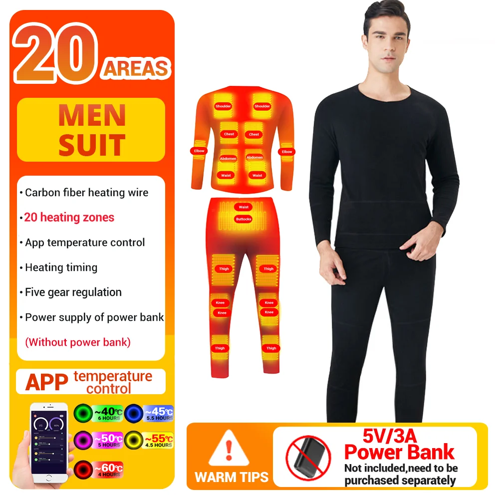 

Зимний комплект нижнего белья с подогревом, питание от USB-аккумулятора, приложение для смартфона, контроль температуры, мотоциклетная куртка, костюм, лыжный термокостюм