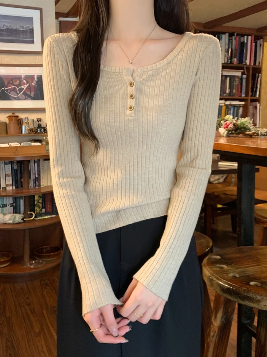 Женский свитер High Sense Sunken Stripe на талии облегающий шикарный пуговицах с квадратным