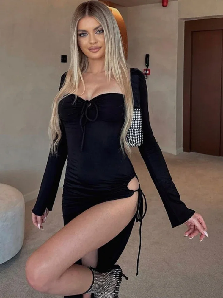 

High Split Maxi Dress Square Collar Sexy Backless Summer Bodycon Dress Long Sleeve Elegant Party Evening Dresses for Women 2023