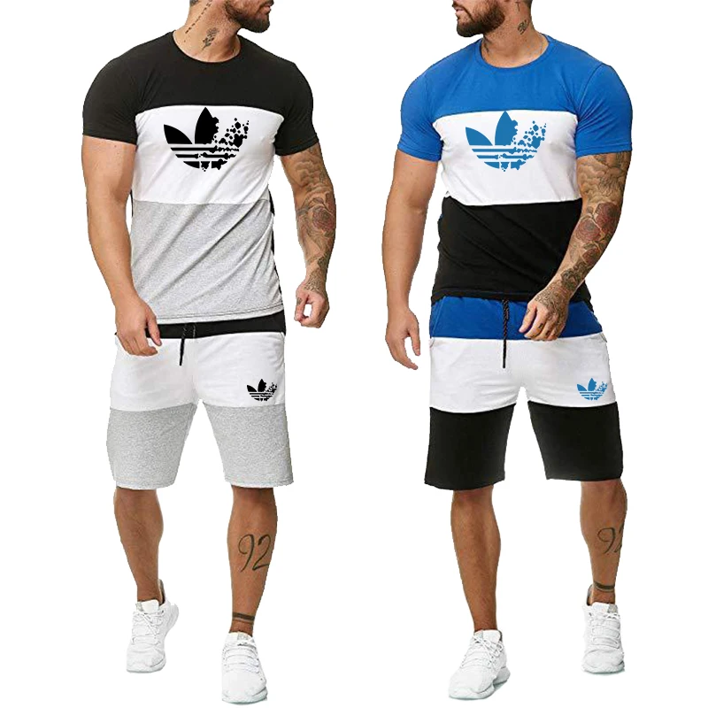 

Men's Fashion Bodybuilding Striped Tracksuits Summer Casual Cool Short Sleeve Print Sports Streetwear Graphic T-shirt Shorts Set