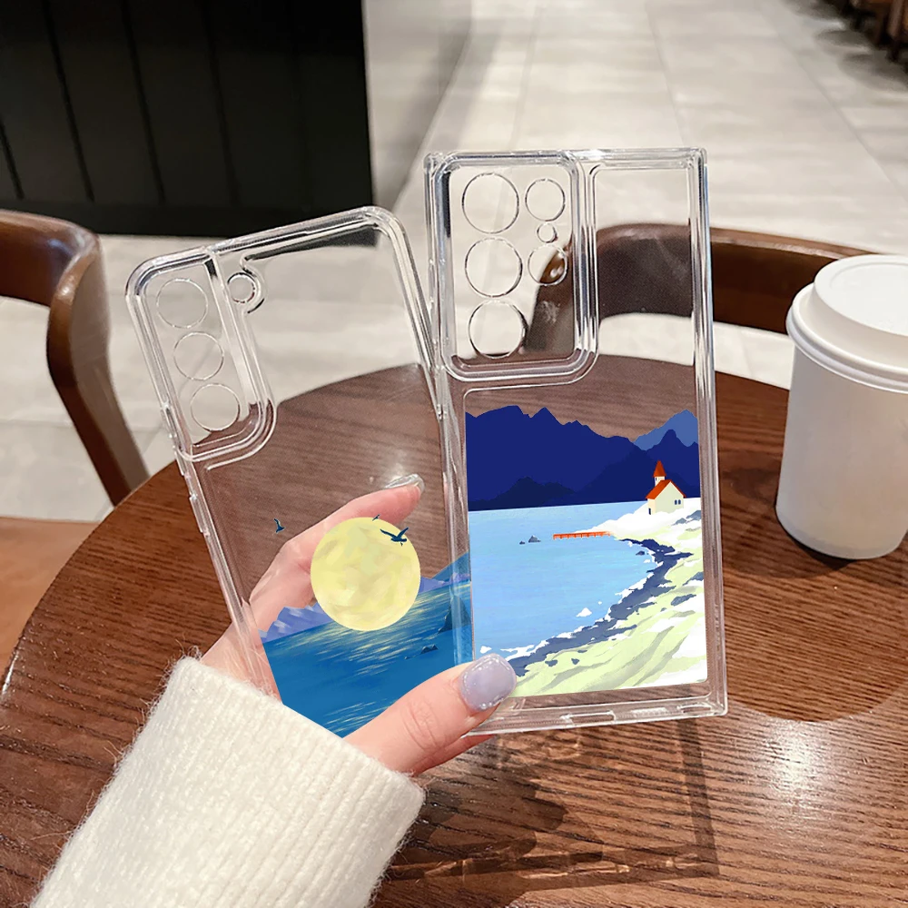 

Cartoon Seaview Phone Case For Samsung Galaxy S21 FE S22 Plus Cases For Galaxy S23Plus S22Ultra Transparent Soft Silicone Cover