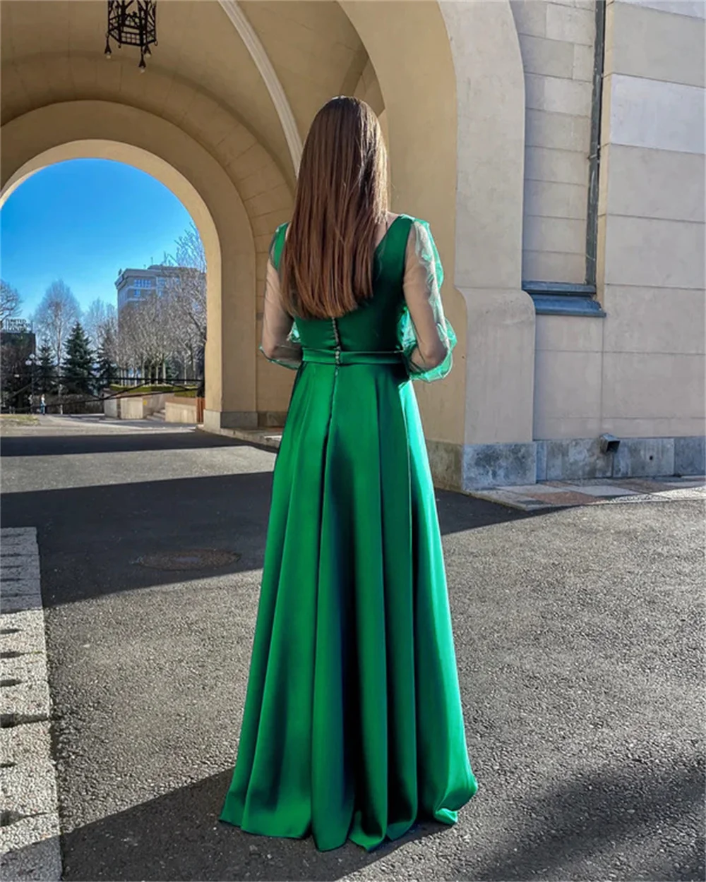 Women Satin Prom Evening Dress Sexy Square Collar Hollow Long Sleeve Party Dress Elegant High Split  A-Line Bridesmaid Dresses