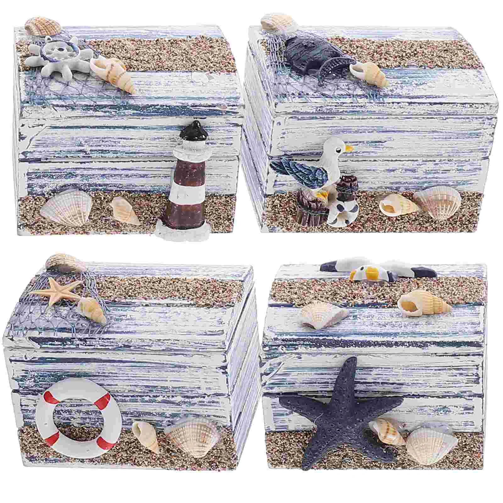 

4Pcs Wooden Jewelry Box Delicate Jewelry Ring Storage Box Ocean Themed Trinket Box