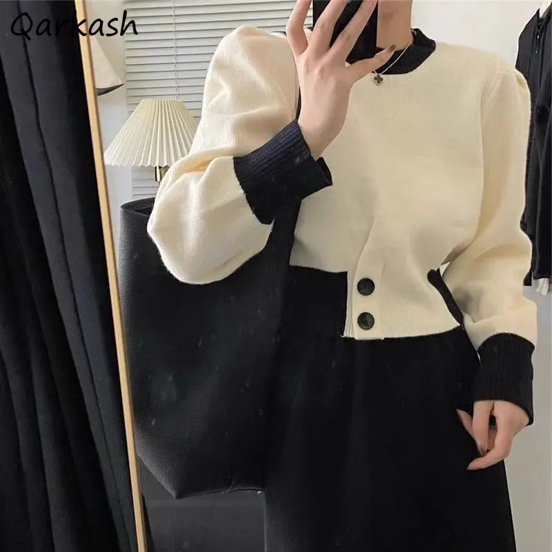 

Knitted Pullovers Women Baggy Cropped Panelled Korean Fashion Sweaters Gentle O-neck Winter Sweet High Street Свитер Женский Ins