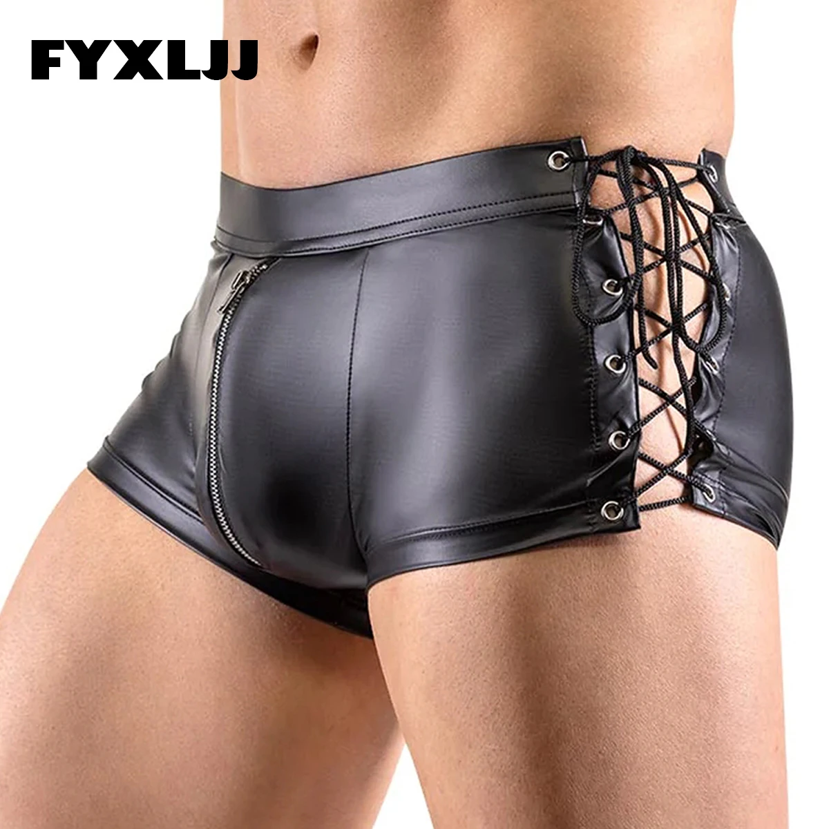 

FYXLJJ Sexy Mens Leather Boxershort Fetish Underwear Male Leather Exotic Bandage Boxers Bulge Pouch Shorts Performance Underpant