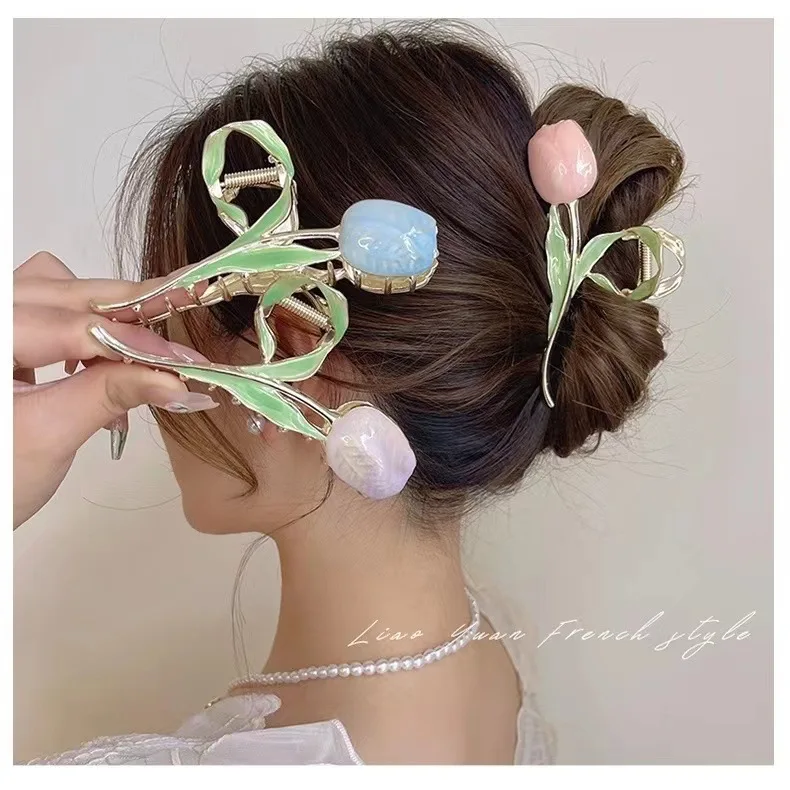 

New Korean Summer Tulip Hair Clip Large Metal Clip 3D Women Grab Clip Flower Shark Clip Hair Accessories Headdress Accessories