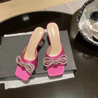2022 new silk silver womens strange style transparent high heels slippers crystal bowknot design sandals female shoes