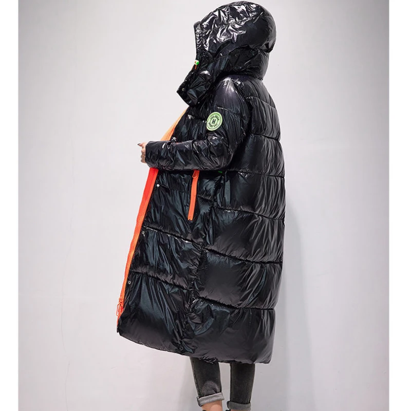 Winter Women's Coat Glossy Hooded Long Padded Jacket Parka Warmth Padded Jacket Mid Length Top Korean Fashion Wholesale 2022 New