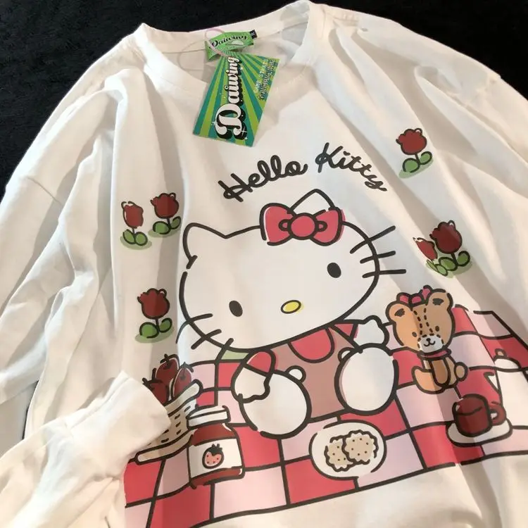 

Хлопковый осенне-зимний Свободный Топ Sanrio, забавный свитер с круглым вырезом и рисунком Hello Kitty для пар, повседневный спортивный топ, Рождест...