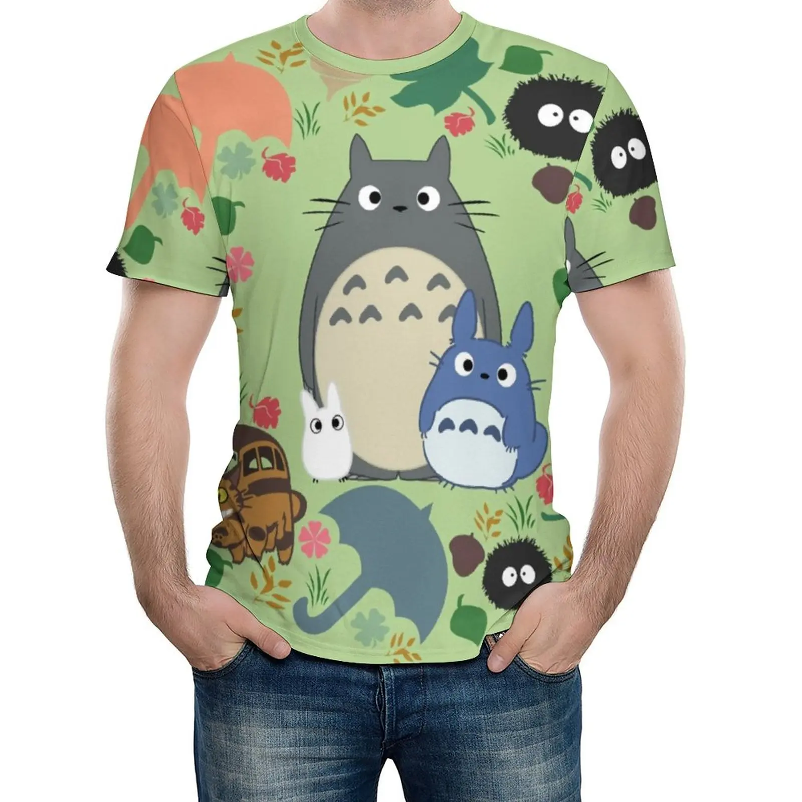 

Green Totoro Wreath T-Shirt Umbrella Anime Print Trendy T-Shirts Short-Sleeve Graphic Tshirt Hot Premium Streetwear Big Size Top