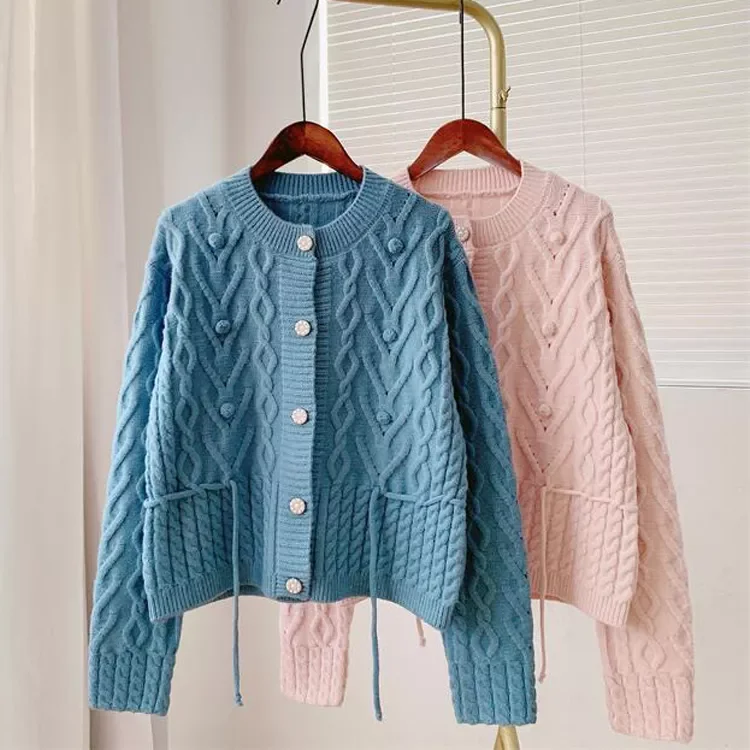 

Женский вязаный кардиган на одной пуговице, свободный синий или розовый свитер с длинным рукавом и круглым вырезом, осень 2021