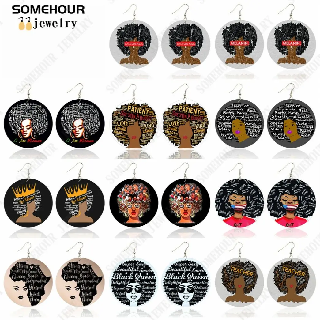 

SOMEHOUR Black Queen Afro Curly Art Round Wooden Drop Earrings Soul Sista African Roots Sayings Print Dangle Jewelry For Women