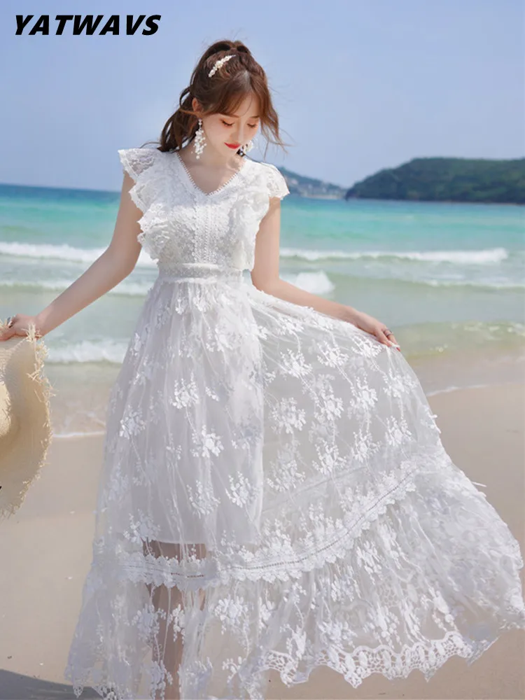 

YATWAVS Women's Luxury Lace Embroidery Mesh Beach Dresses Ladies Fashion V-Collar Ruffle Holidays Dress Runway Long Vestidos