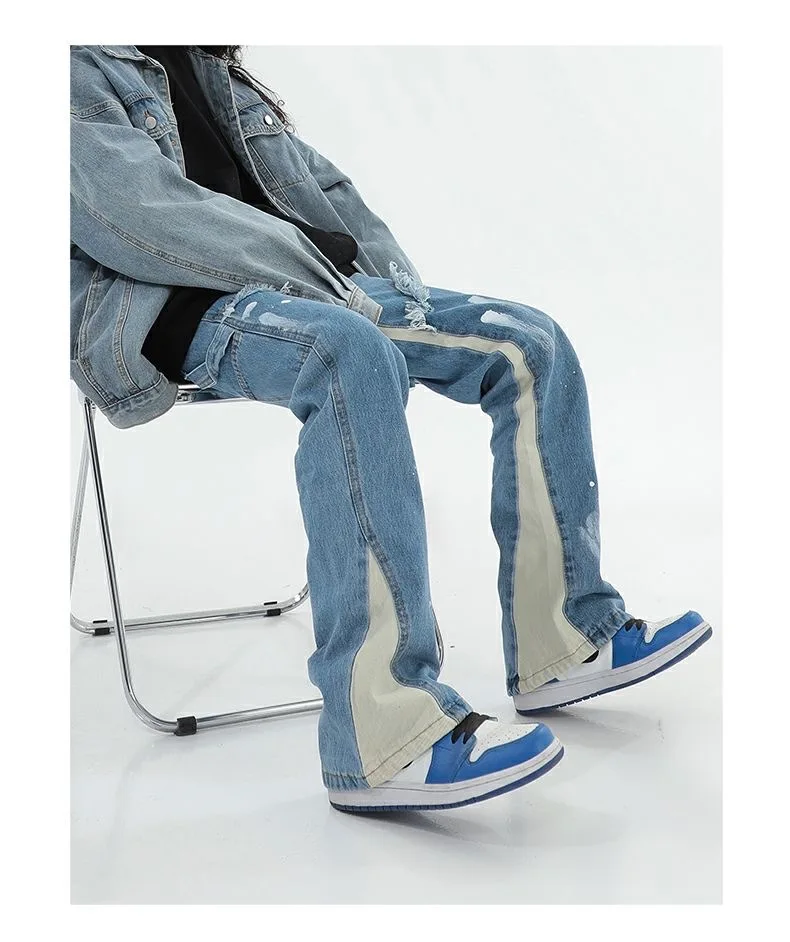 New Jeans High Street Do Old Brush Paint Hand-painted Stitching Jeans Men And Women Vibe Wind Straight Loose Micro Flared Pants
