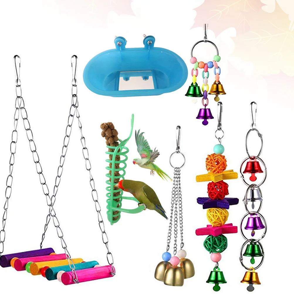 

Birdparrot Cage Swingaccessories Hanging Hammock Supplies Pet Entertaining Standbirds Bell Bite Parrotschewing Pendant Set