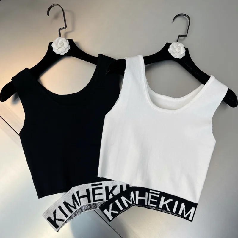 

BORVEMAYS 2023 Spring Summer New Fashion Trend V Neck Sleeveless Patchwork Letter Hollow Out Knitting T-shirt Camis Women WZ1000