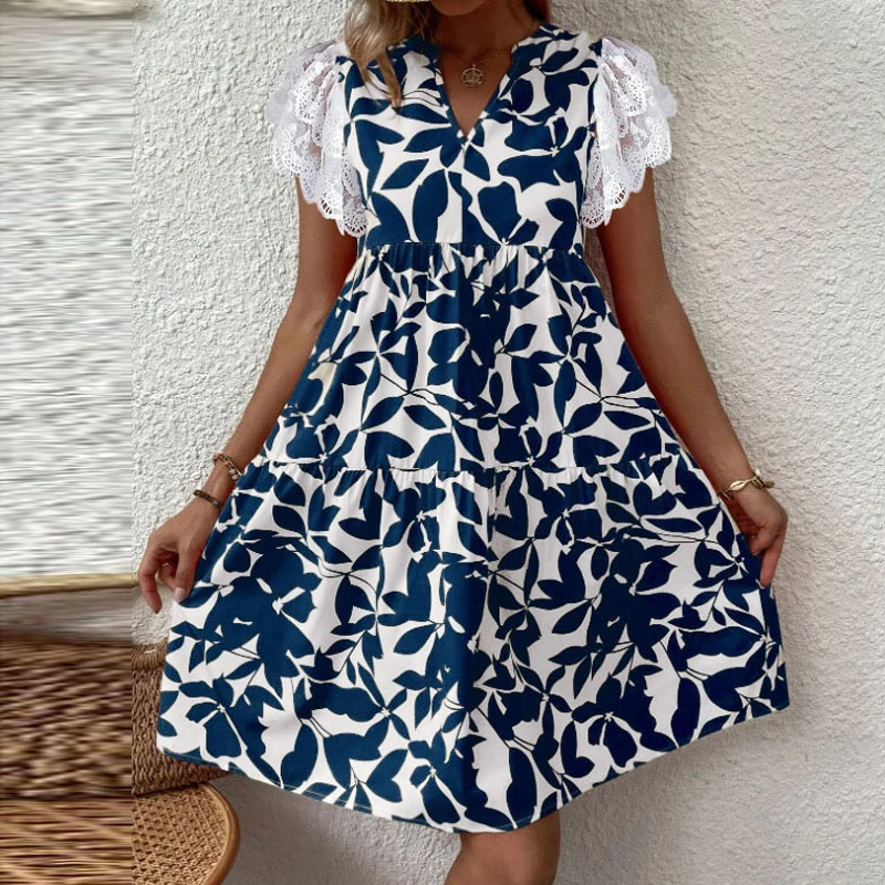 

Casual Lace Flying Sleeve V-neck Party Dress Women High Waist Loose Summer Dress 2023 Female Retro Floral Print Big Hem Dresses