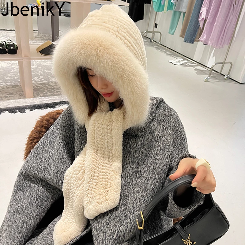 Natural Real Rex Rabbit Fur Hat Scarf Integration with Fox Brim in Autumn and Winter for Women to Keep Warm Multipurpose