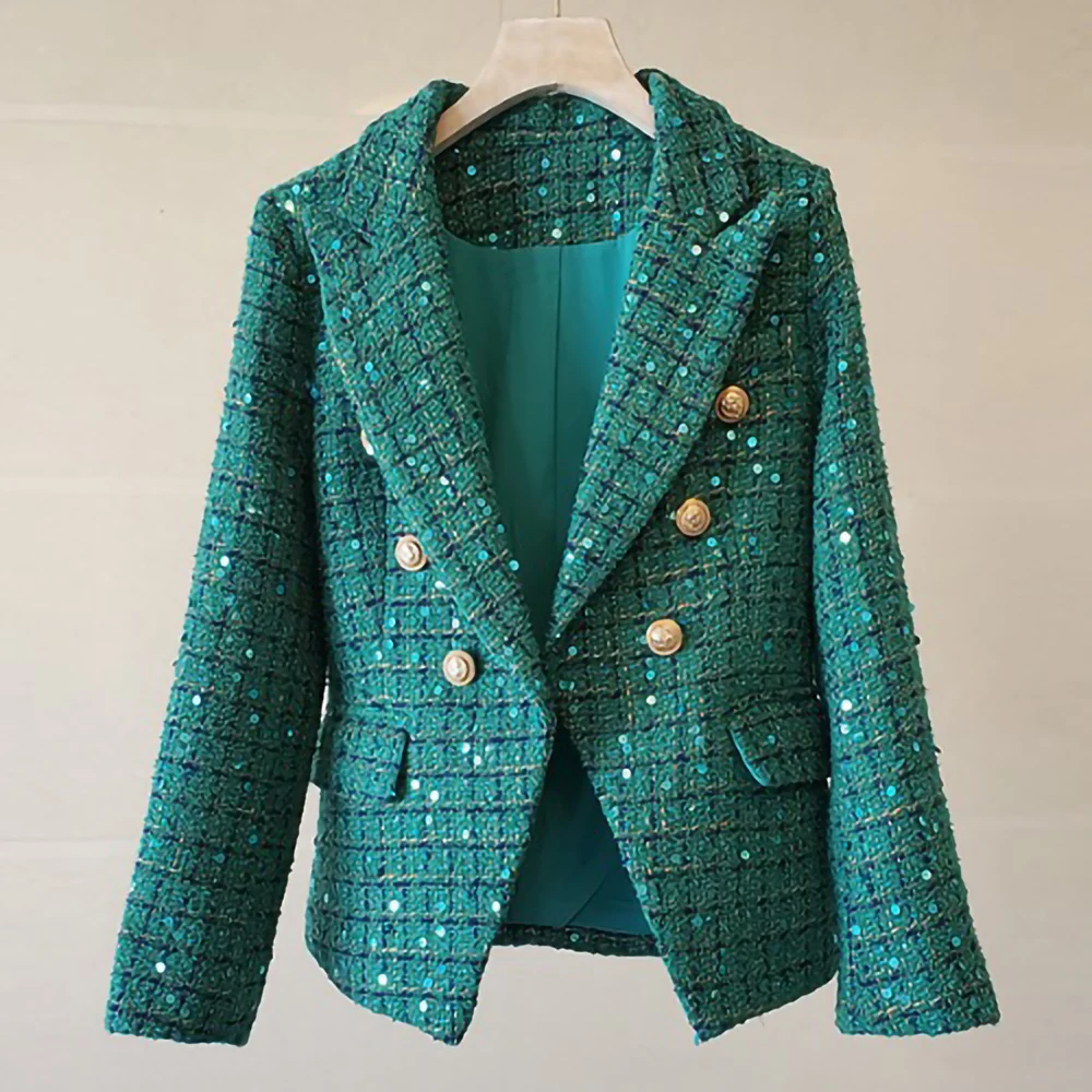 Tailor Store customize plus size Short turquoise green sequin coat women tweed braided edge jacket double breast winter clothes