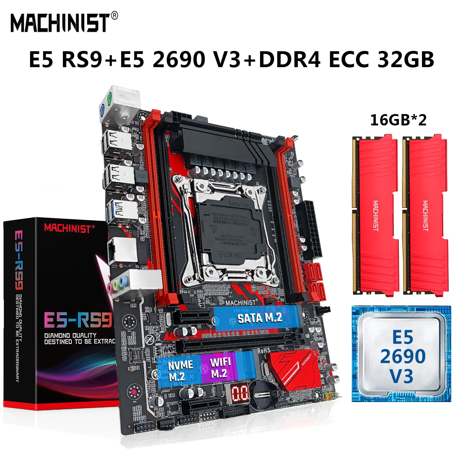 

MACHINIST E5 RS9 Motherboard LGA 2011-3 With Kit Xeon E5 2690 V3 Processor 32G=16Gx2 DDR4 ECC RAM Memory WIFI NVME M.2 USB 3.0