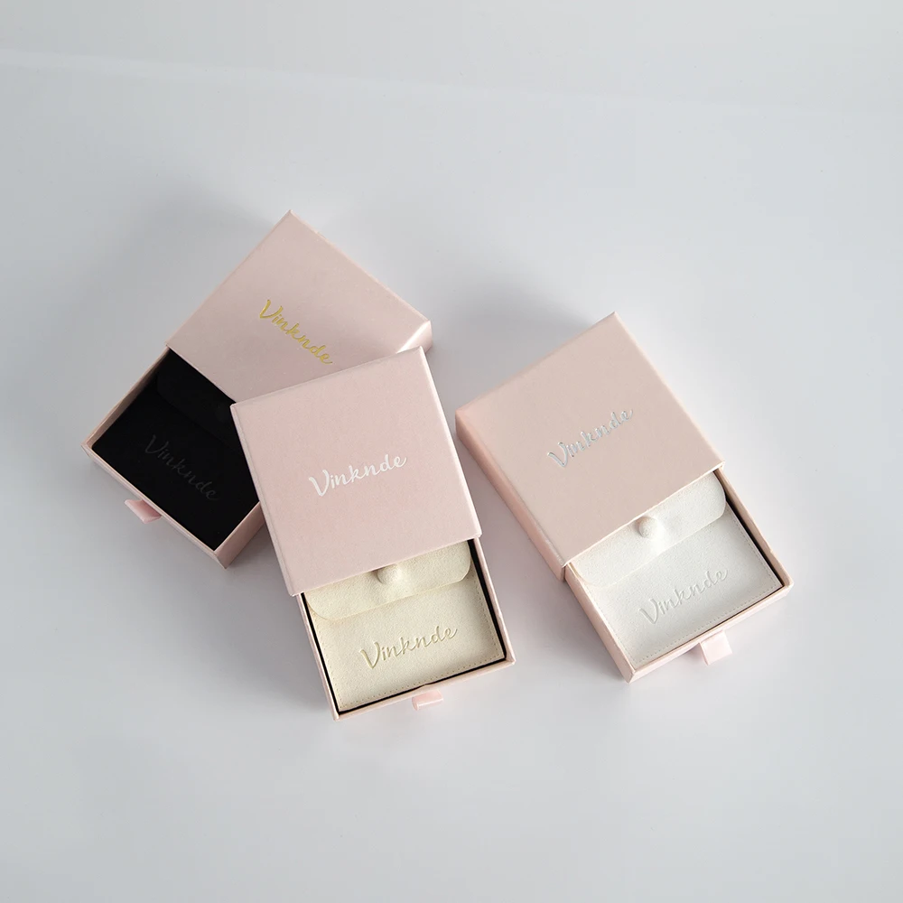 Custom Logo Wedding Gift Box Candy Pouches 9x9x3.2cm Drawer Jewelry Packaging Boxes Case Microfiber Earrings Pendant Button Bag