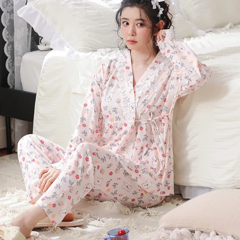 

Pajama Sets Women Cotton V-Neck Pyjamas Pajamas Sets Spring Autumn Female Long Sleeve Kimonos Pyjamas Sleepwear Nighty Plus Size