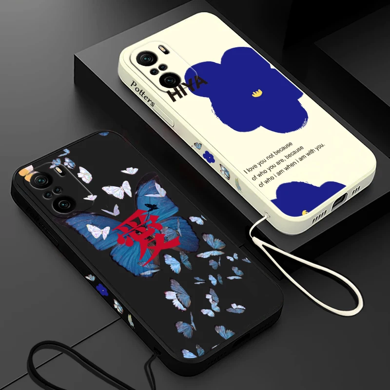

Blue Beautiful Butterfly Phone Case For Xiaomi Redmi Note 12 12Pro 11 11S 11T 10S 10 Pro Plus 5G Liquid Left Rope Cover