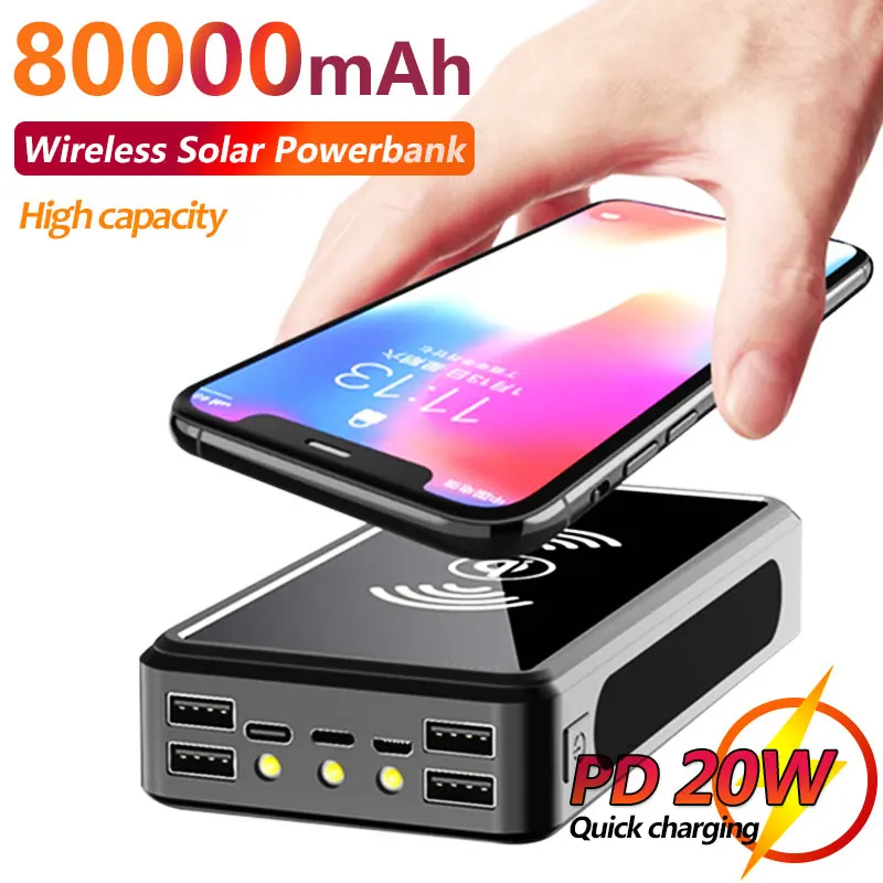

80000mAh Wireless Solar Power Bank with Large Capacity with Super LED Lighting Mobile Power Bank Portable External Battery