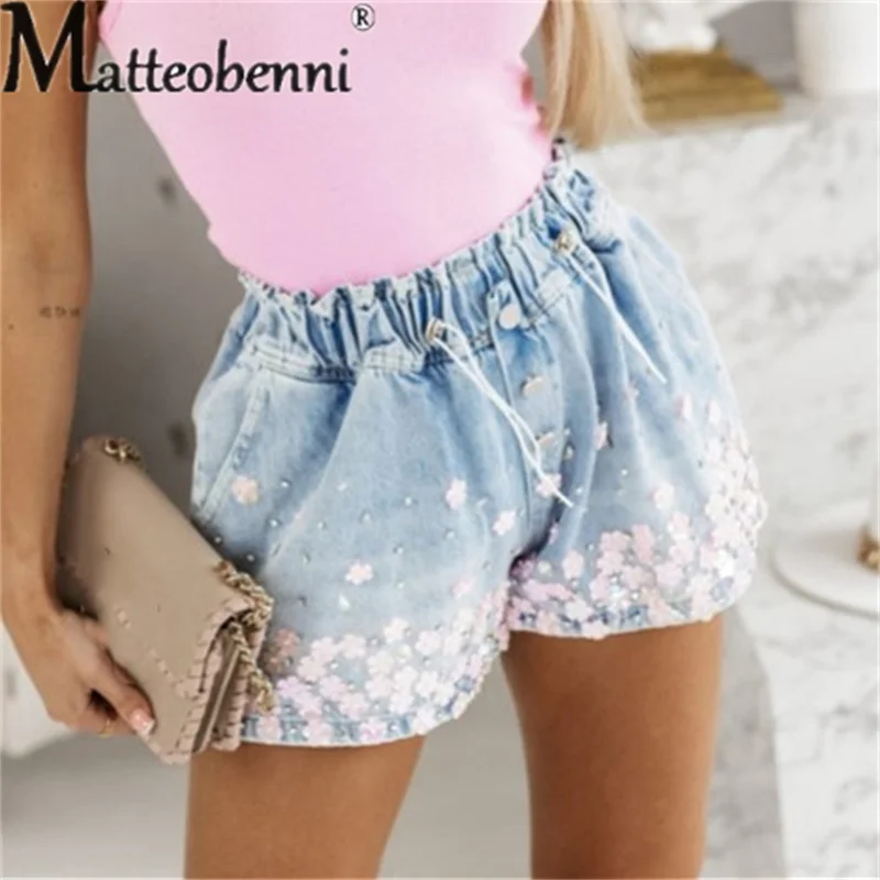 Fashion Splicing Diamond Decorative Denim Shorts Female Daily Casual Loose Waist Drawstring Three Quarter Pants Women's Jeans 23
