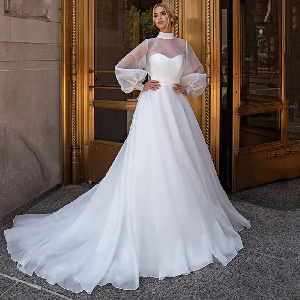 

Boho Wedding Dresses For Women 2022 Bride Organza High Long Puff Sleeves Robe De Mariée Court Train A-Line Zipper Bride Gowns