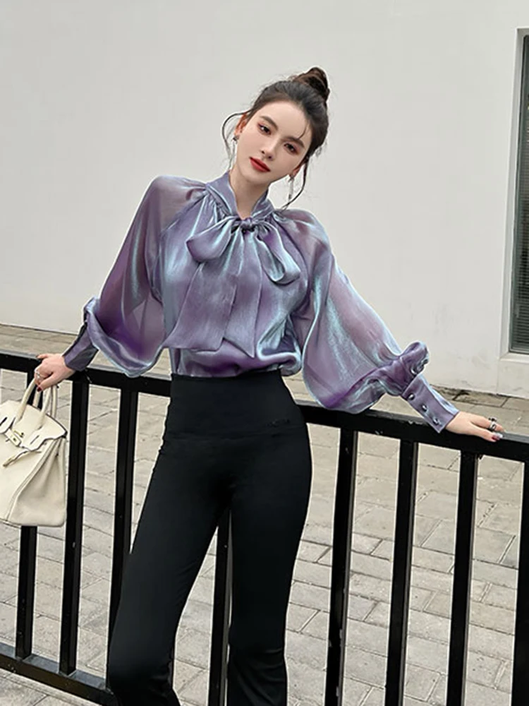 

Women 2022 spring temperament glazed gentle mesh streamer top fashionable design niche pearly chiffon Blouse Tops Female D0948