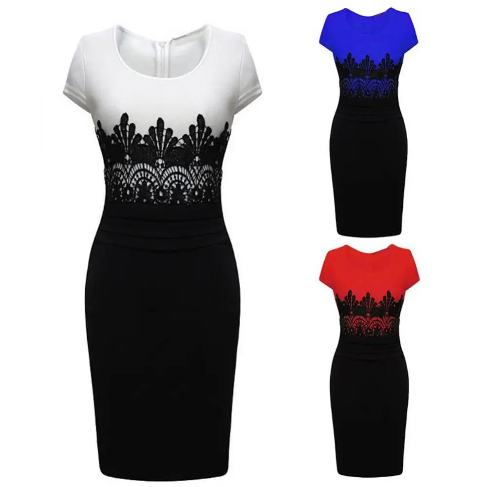 

Women Short Sleeve Sexy Dress Bodycon Lace Patchwork Color Block Knee-length Dress