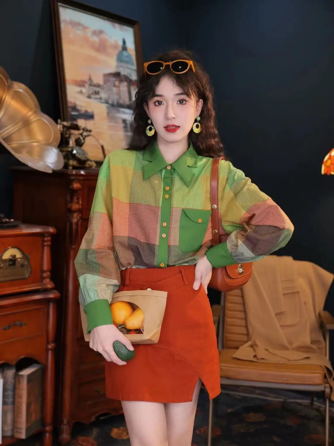 Свободная разноцветная ретро-рубашка в гонконгском стиле с длинными рукавами