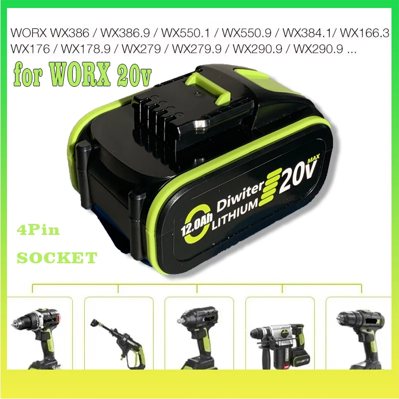 Фото Сменный аккумулятор WORX 20V, совместимый с WA3551, WG630, WG629, WX372 и т.д. Зеленый аккумулятор для электроинструментов с 4-контактным разъемом. №4