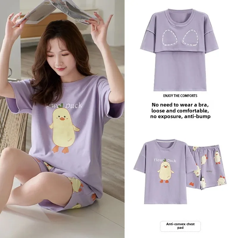 Женский летний хлопковый пижамный комплект с нагрудником и короткими рукавами