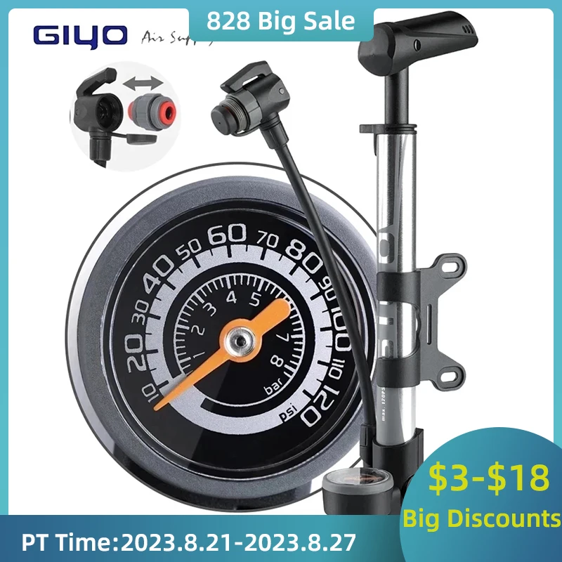 Giyo 120psi Bicycle Floor Standing Pump Presta Schrader Dual Valve Conversion MTB Road Bike Mini Portable Tire Pump Inflator