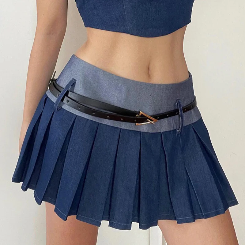 

2023 New American Fashion Contrast Color Denim Pleated Skirt Women's Belt Decoration with Bottom Spicy Girls Show Thin A-line Sh
