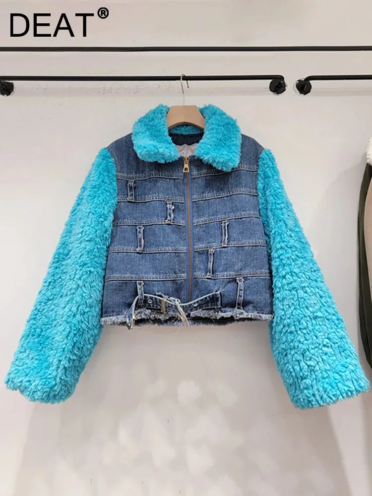 

Женская джинсовая куртка на молнии DEAT, куртка с контрастным воротником и длинным рукавом, с подкладкой из хлопка, в стиле пэчворк, осень 2023