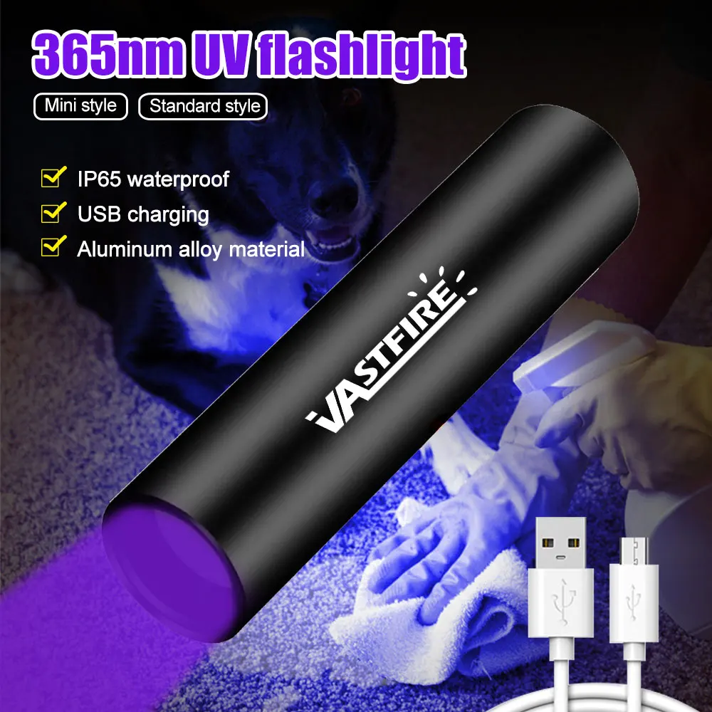 USB Rechargeable 365nm UV Flashlight Ultraviolet Lamp Torch Black Light Pet Moss Detector For Cat Dog Stains Bed Bug Moldy Food