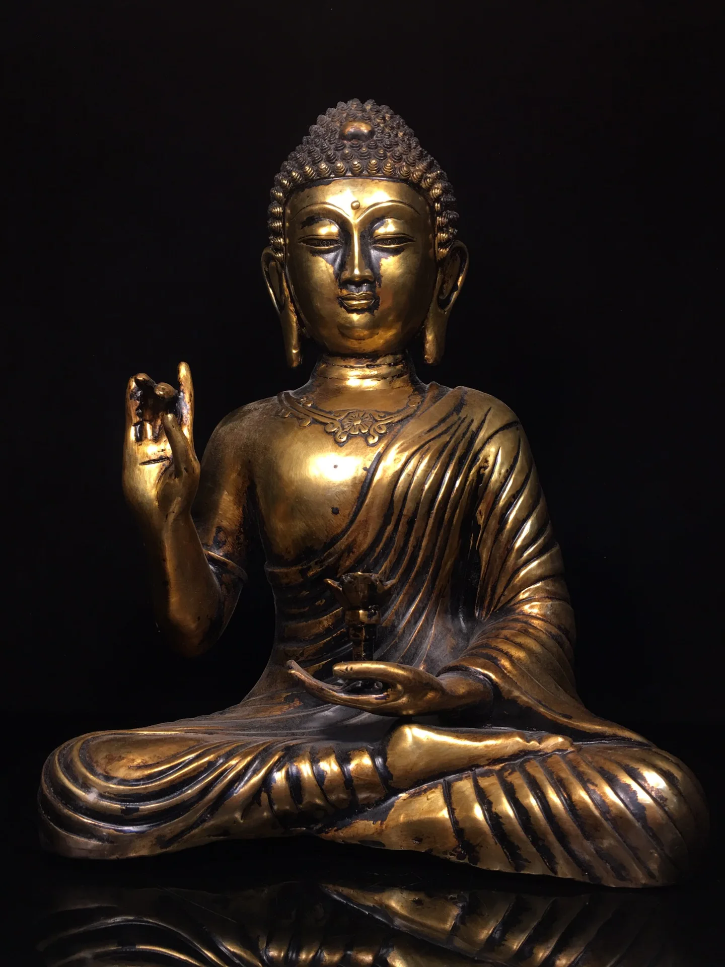 

17"Tibetan Temple Collection Old Bronze Cinnabar Mud gold Lotus Sakyamuni Amitabha Sitting Buddha Worship Hall Town house