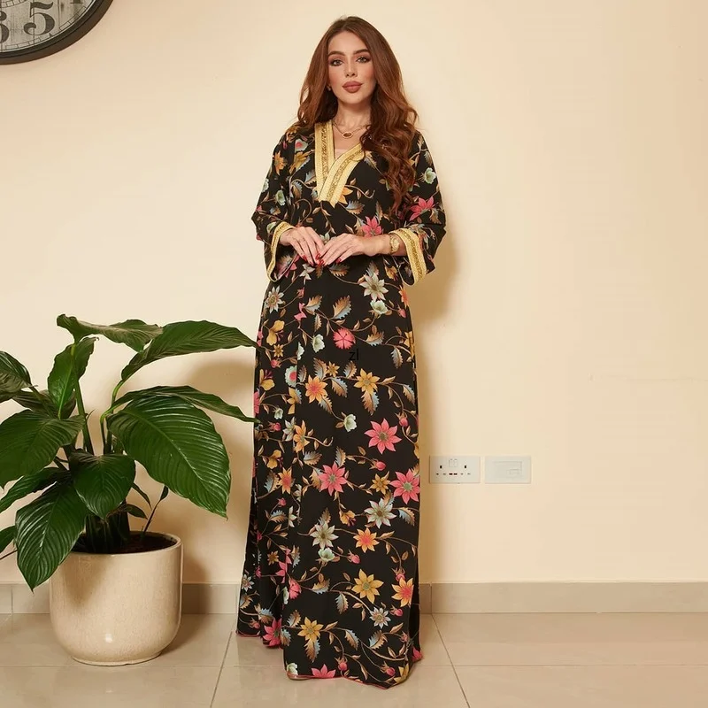 Ramadan Eid Maxi Dress for Women White Elegant Ethnic Floral Diamond Band Abaya Fashion Muslim Dubai Turkey Oman Arabic Clothes