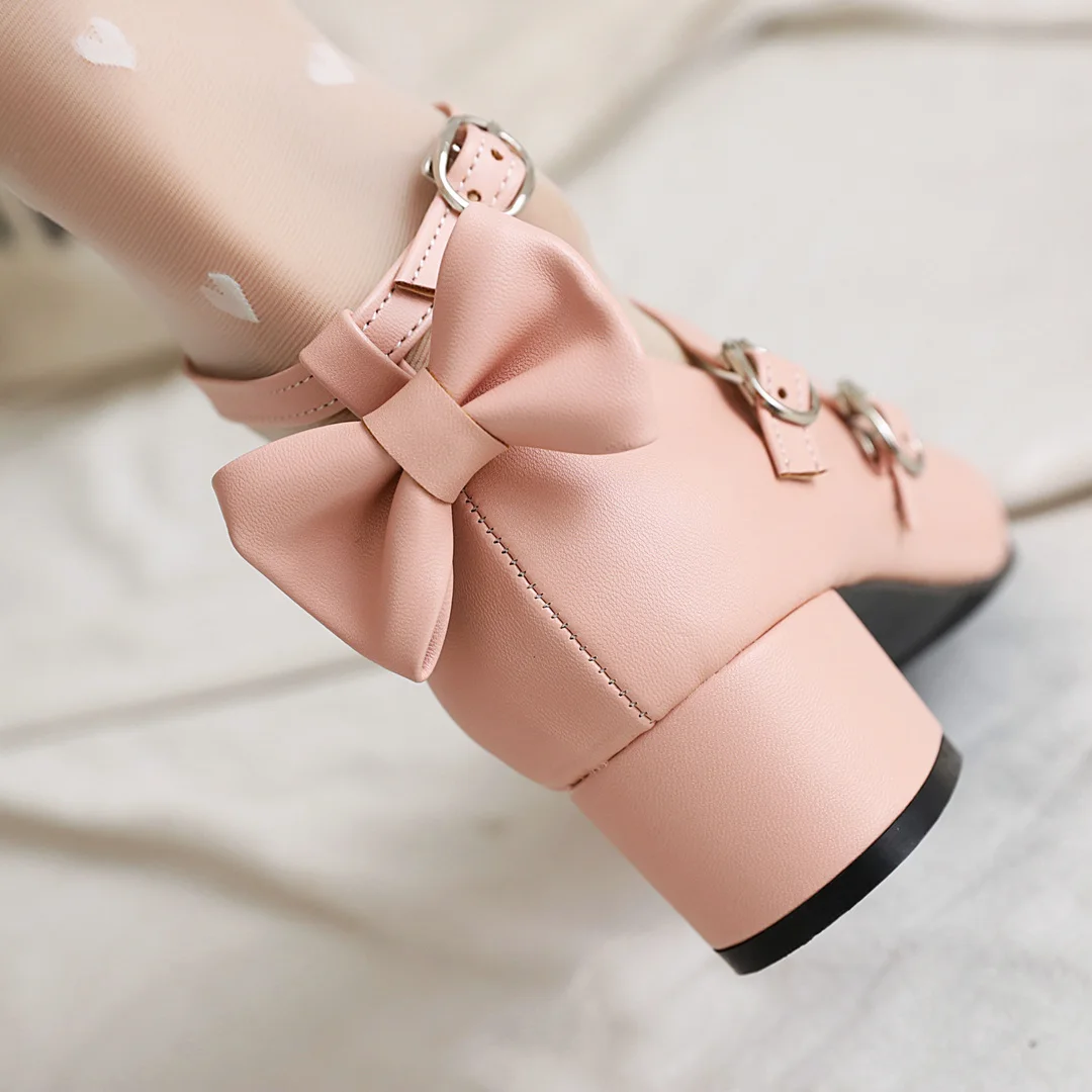Big Feet Plus Size Women Round Toe Lolita Princess Party Shoes Ankle Strap Med Heel Leather Cosplay Pumps Sweet Bowtie Jk Black