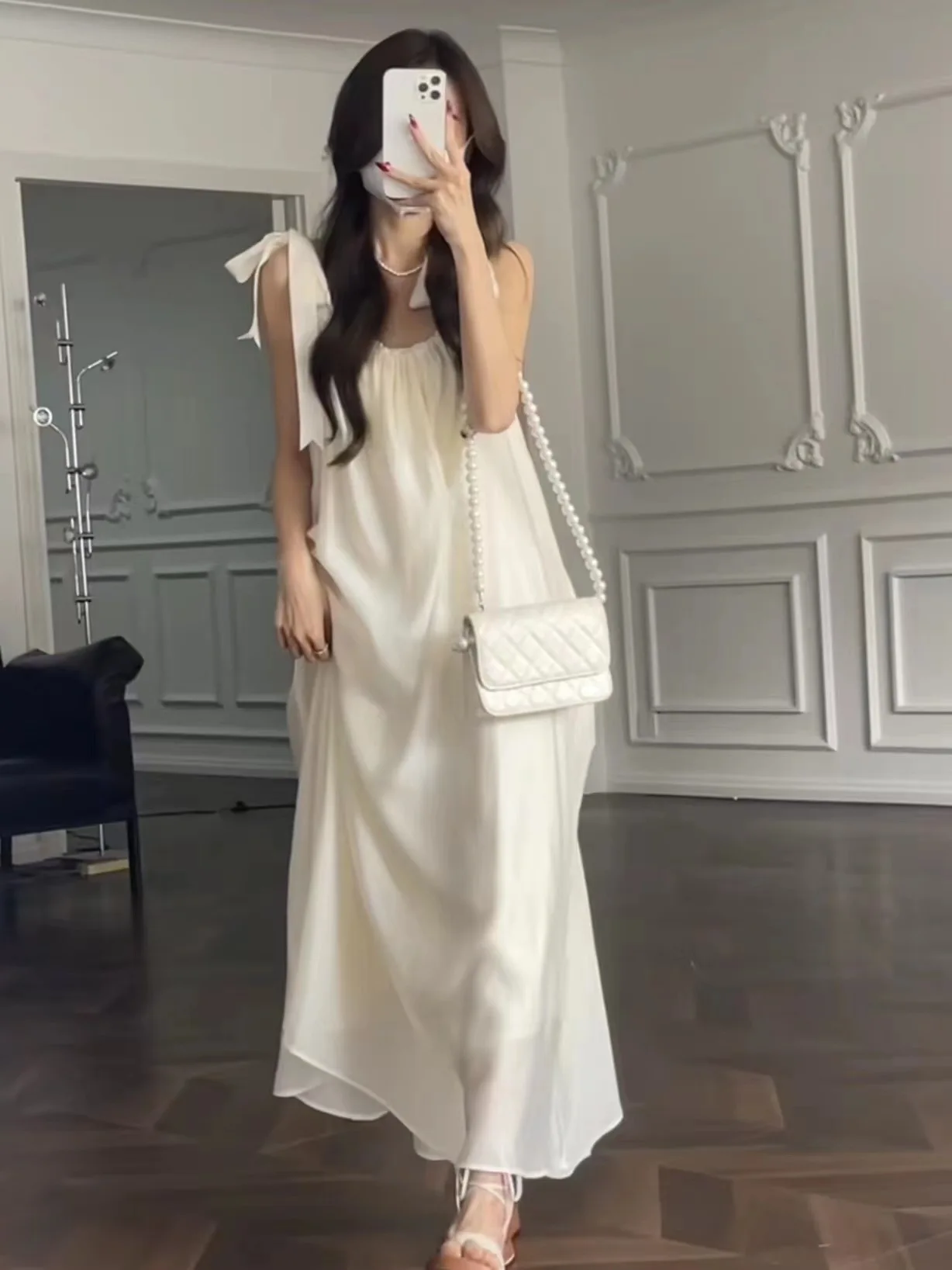 

White Sleeveless Long Dresses Suspender Dress 2023 Summer Irregular White Design Dress Loose Waist Sweet Cute Girl