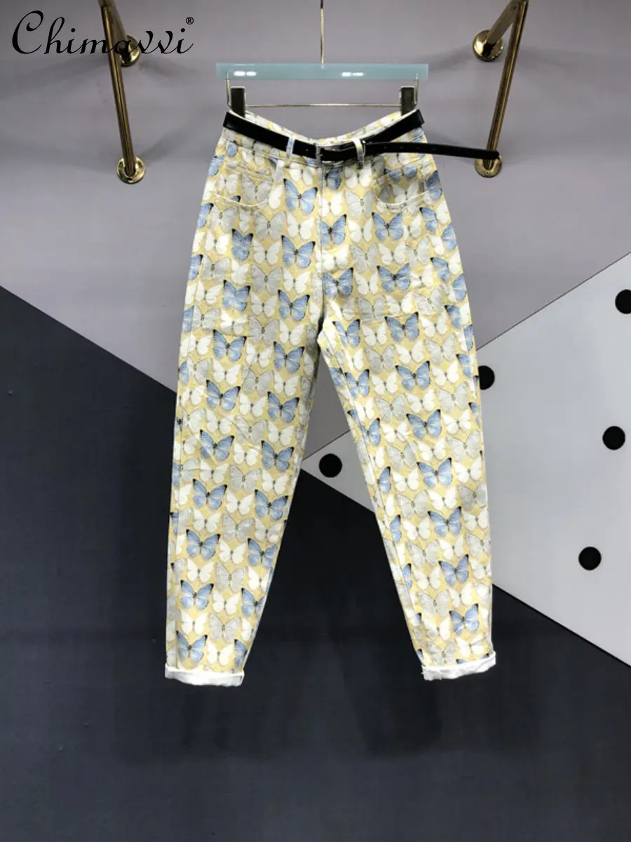European Station 2023 Spring New Fashion Butterfly Print Pleated Jeans Fashion Women's Loose Slimming Ankle-Tied Harem Pants