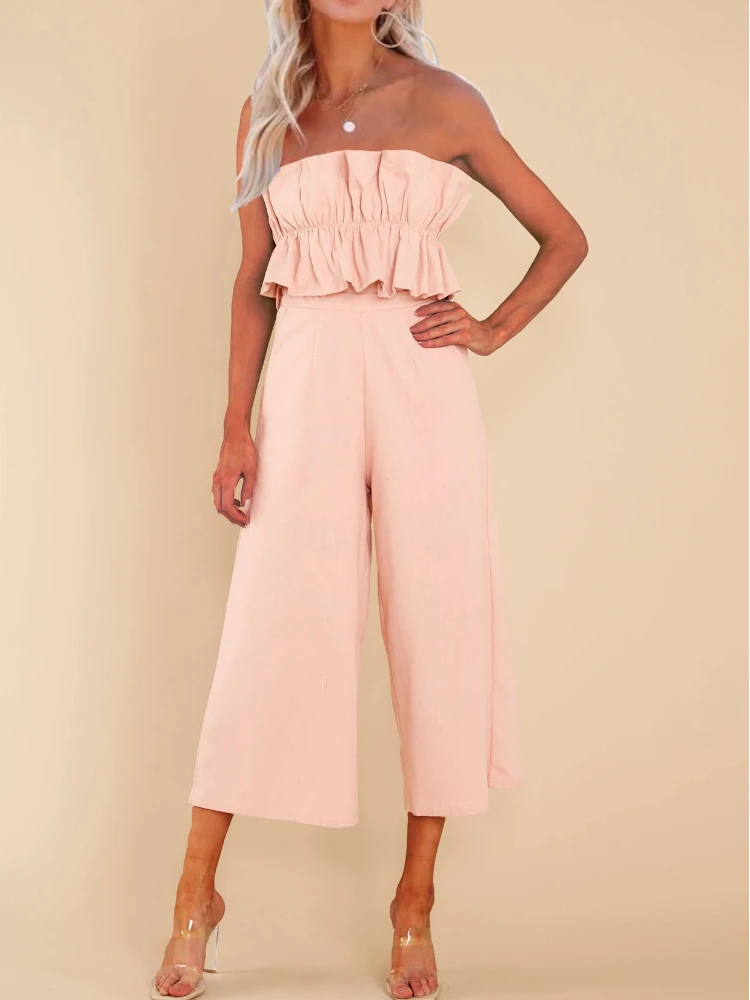 

2022 Women Clothing Sexy Off Shoulder Solid Color 2 Piece Set Solid Color Ruffle Strapless Pocket Straight Long Pants Sets