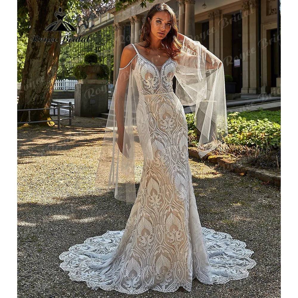 

Vintage Lace Mermaid Boho Bohemian Backless Wedding Dress for Women 2023 Off Shoulder Bridal Gown Spaghetti Straps suknia slubna