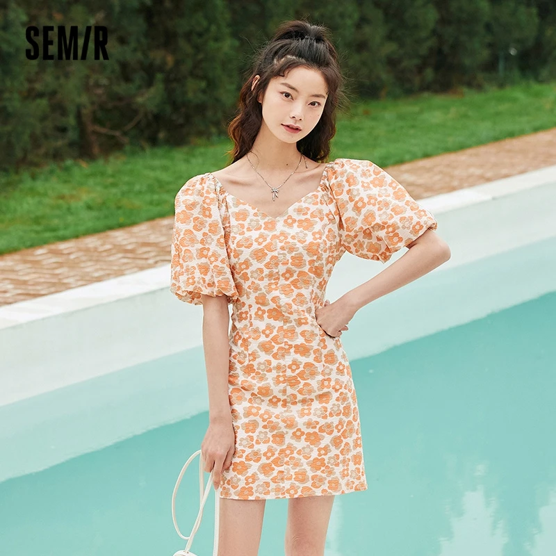 

SEMIR Dress Women Puff Sleeves V-Neck Short Dress Romantic 2022 Summer New Yellow Texture Floral Dresses French Style