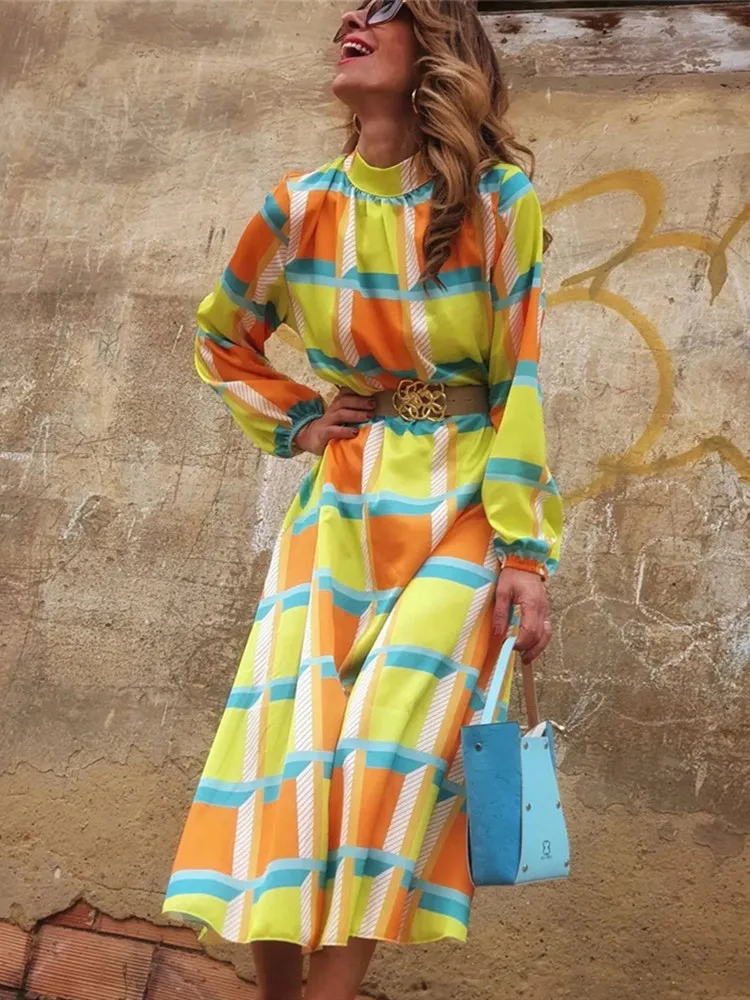 

hirigin Vintage Pattern Elegant Long Dress Fashion Half High Neck 3/4 Sleeved Loose Party Dress Spring Autumn Women Vestidos