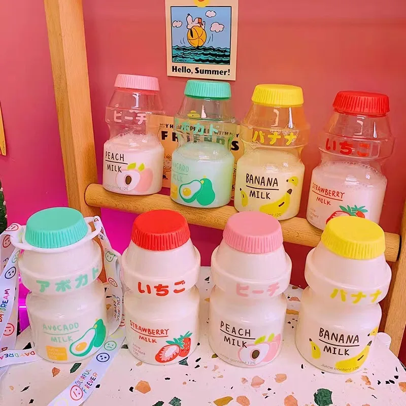 

450ml Cute Water Bottle With Straps Plastic Yogurt Vase Carton Kawaii Fruit Drinking Yakult Shape Milk Portable Kids/Girl/Adult