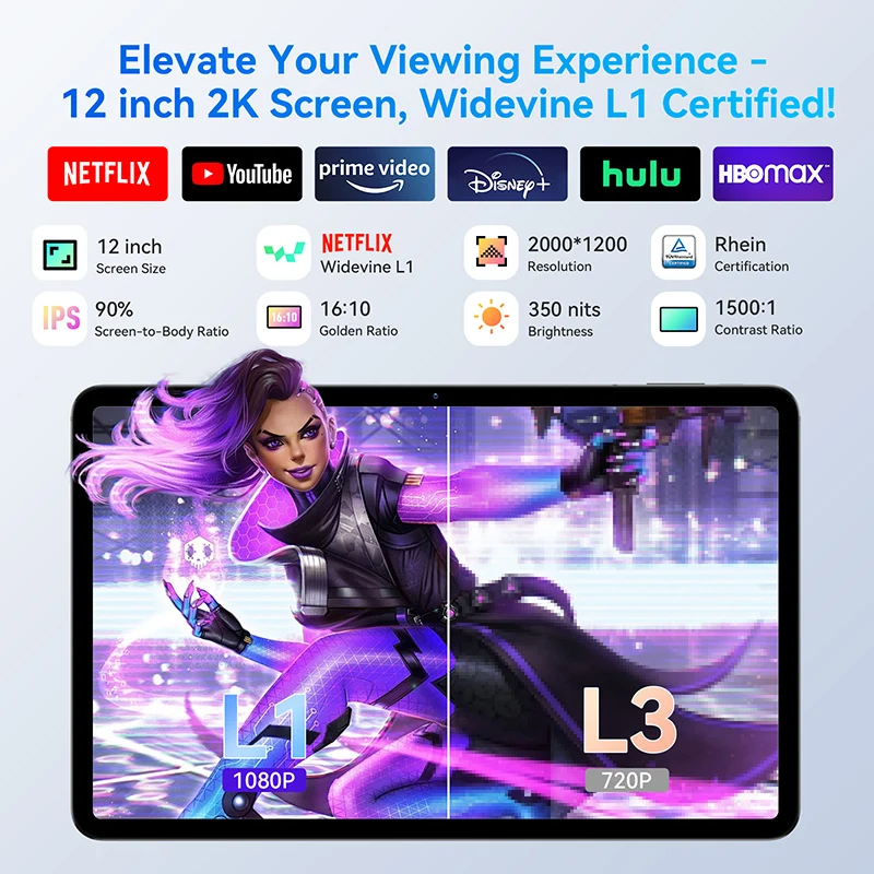 Планшет Headwolf HPad6 Android14 WidevineL1 + Netflix 12 дюймов экран 2K HelioG99 8 ГБ ГБ) ОЗУ 256 планшетный ПК